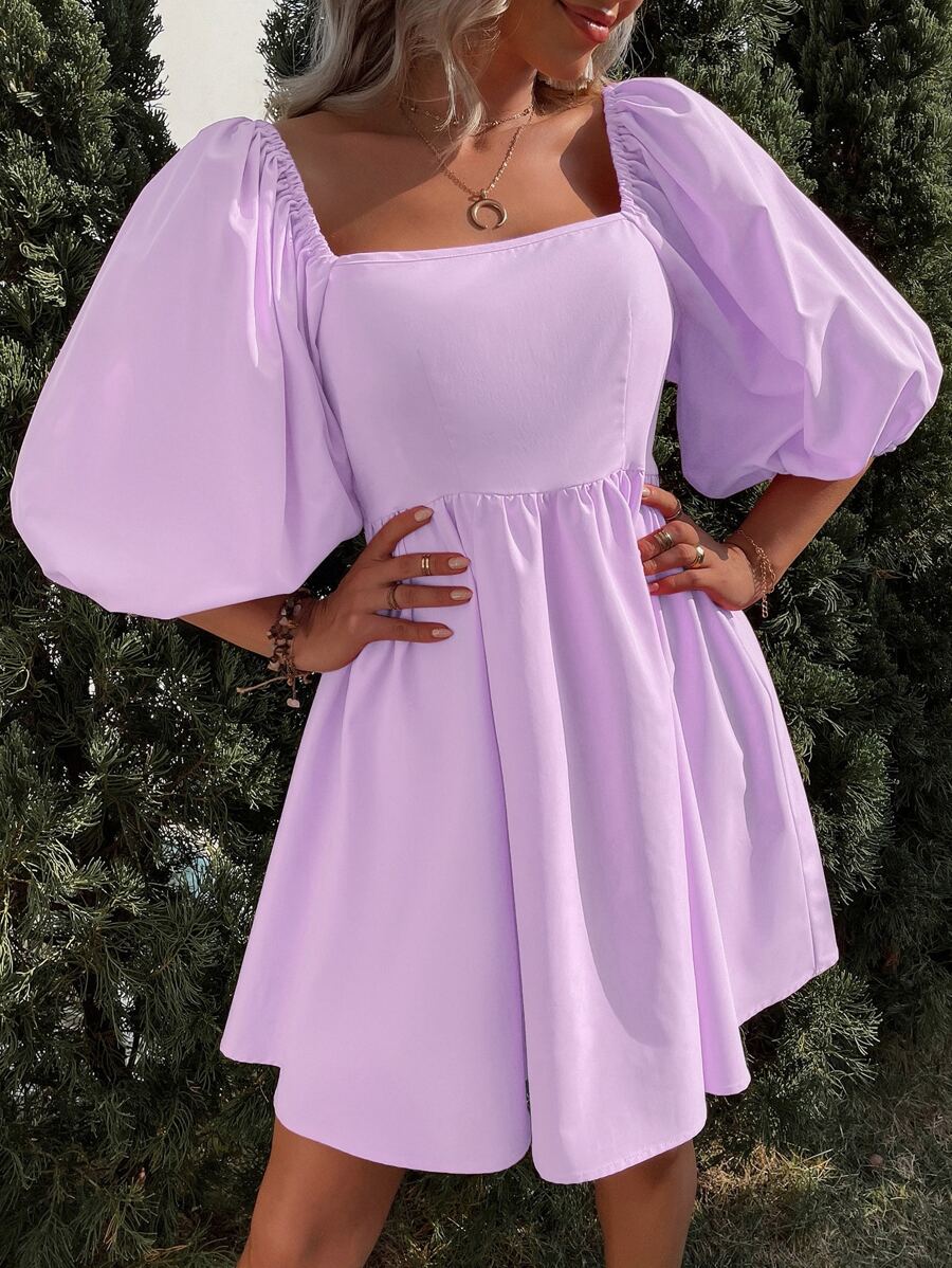 SHEIN VCAY Puff Sleeve Square Neck Dress - Lilac Purple - View 1