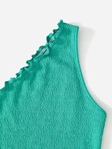 單肩木耳邊紋理質感頭巾下擺短款上衣 - 薄荷藍 - 查看 4