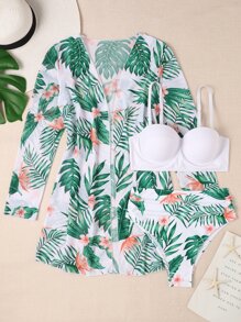 SHEIN Swim Bãi biển mùa hè Bộ bikini in hình nhiệt đới Push Up Bra & Hipster Bikini Bottom & kimono 3 mảnh Bikini - Nhiều màu - Xem 1