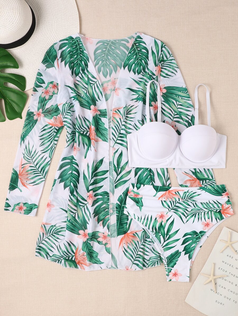 SHEIN Swim Bãi biển mùa hè Bộ bikini in hình nhiệt đới Push Up Bra & Hipster Bikini Bottom & kimono 3 mảnh Bikini - Nhiều màu - Xem 1