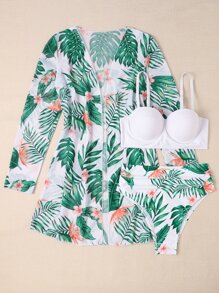 SHEIN Swim Bãi biển mùa hè Bộ bikini in hình nhiệt đới Push Up Bra & Hipster Bikini Bottom & kimono 3 mảnh Bikini - Nhiều màu - Xem 3