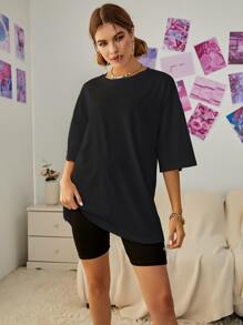 SHEIN EZwear 標語圖案落肩袖超大號T恤 - 黑色 - 查看 4