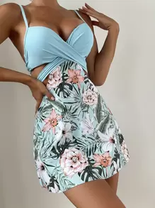 SHEIN Swim Summer Beach Tropical Print Tankini Set Crisscross Push Up Cami Top & Cheeky Bikini Bottom 2 Piece Swimwear - Multicolor - View 1