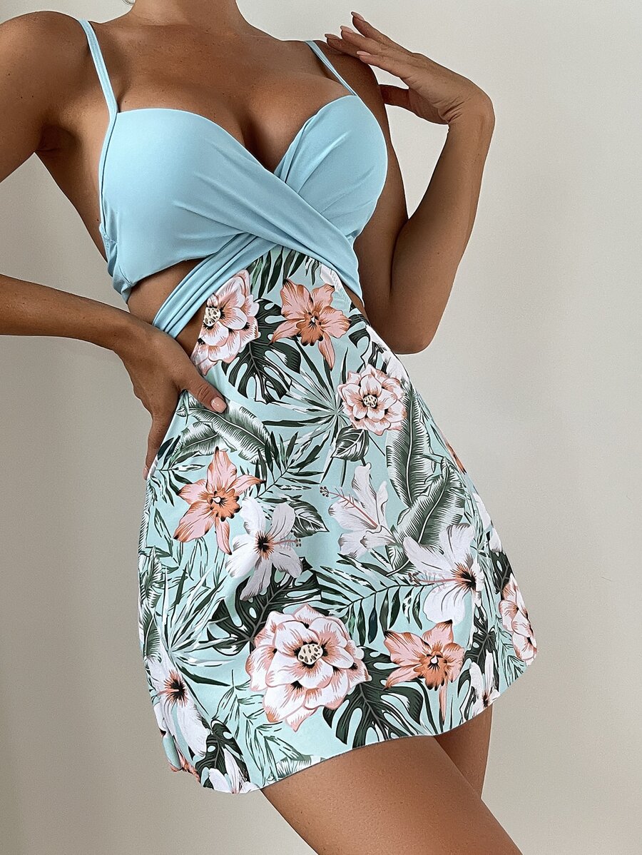 SHEIN Swim Summer Beach Tropical Print Tankini Set Crisscross Push Up Cami Top & Cheeky Bikini Bottom 2 Piece Swimwear - Multicolor - View 1