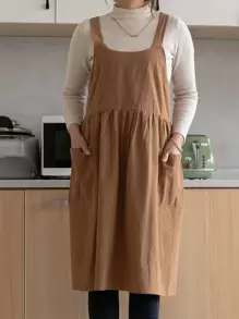 1 Màu Kaki Tạp Dề Tổng Thể, Vải Tối Giản Túi Kép Tạp Dề Nhiều Kích Thước Cho Nhà Bếp - Màu Khaki - Xem 1