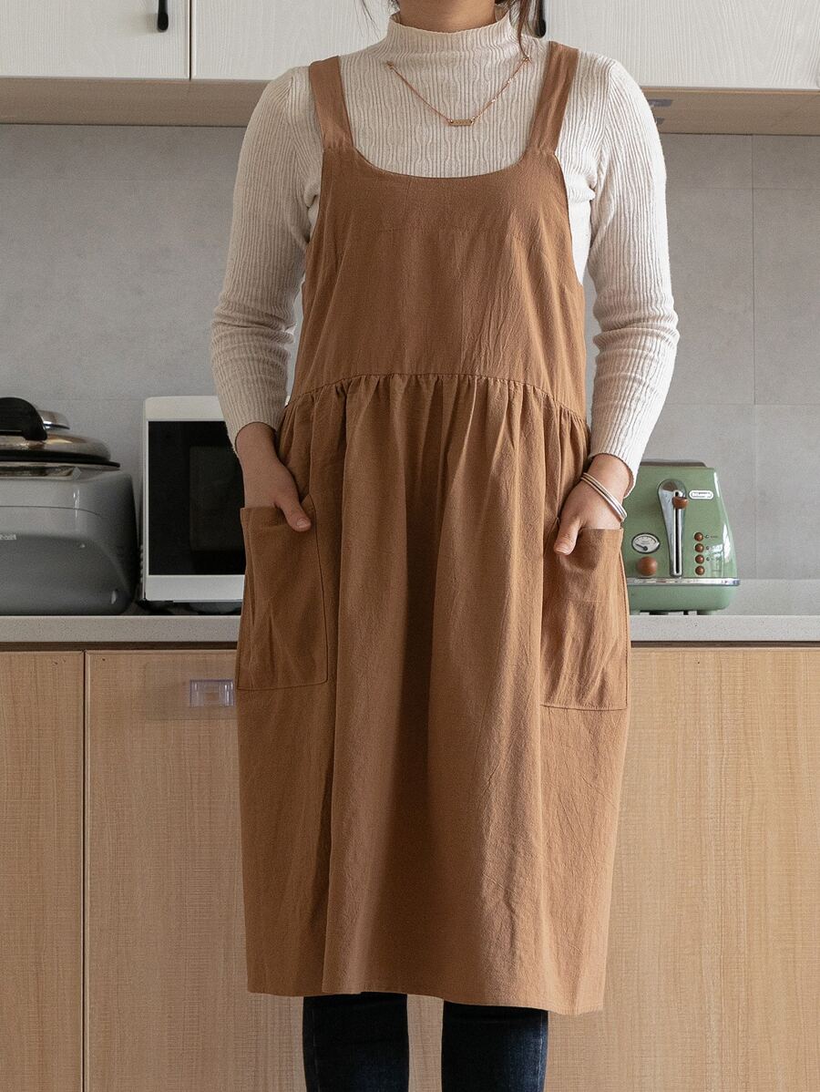 1 Màu Kaki Tạp Dề Tổng Thể, Vải Tối Giản Túi Kép Tạp Dề Nhiều Kích Thước Cho Nhà Bếp - Màu Khaki - Xem 1