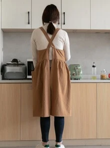 1 Màu Kaki Tạp Dề Tổng Thể, Vải Tối Giản Túi Kép Tạp Dề Nhiều Kích Thước Cho Nhà Bếp - Màu Khaki - Xem 2