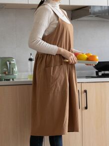 1 Màu Kaki Tạp Dề Tổng Thể, Vải Tối Giản Túi Kép Tạp Dề Nhiều Kích Thước Cho Nhà Bếp - Màu Khaki - Xem 3