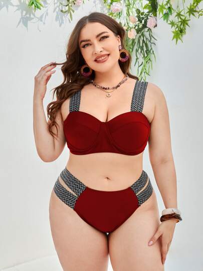 SHEIN Swim Curve 夏季海灘加大尺碼雙肩帶加厚胸墊比基尼套裝