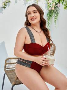 SHEIN Swim Curve Summer Beach Plus Size Double Tape Push Up Bikini Set