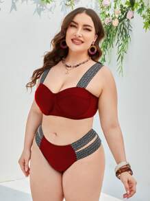 SHEIN Swim Curve Summer Beach Plus Size Double Tape Push Up Bikini Set