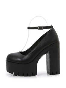 Zapatos de tacón minimalista con tira tobillera plataforma - Negro - Ver 2