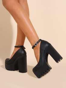 Zapatos de tacón minimalista con tira tobillera plataforma - Negro - Ver 5