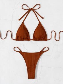 Conjunto de bikini triangular de cuello halter liso, para playa y vacaciones de verano - Naranja Quemada - Ver 6