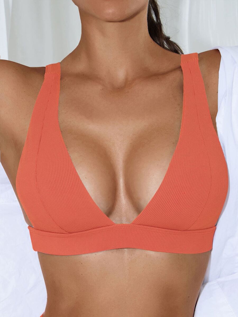 Plain Ribbed V Neck Bikini Top, For Summer Beach Vacation - Orange - View 1