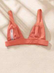 Plain Ribbed V Neck Bikini Top, For Summer Beach Vacation - Orange - View 2