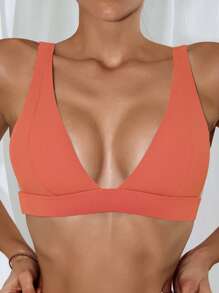 Plain Ribbed V Neck Bikini Top, For Summer Beach Vacation - Orange - View 3