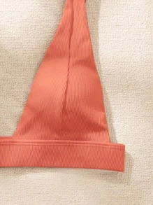 Plain Ribbed V Neck Bikini Top, For Summer Beach Vacation - Orange - View 4