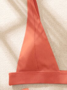 Plain Ribbed V Neck Bikini Top, For Summer Beach Vacation - Orange - View 5
