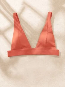 Plain Ribbed V Neck Bikini Top, For Summer Beach Vacation - Orange - View 6