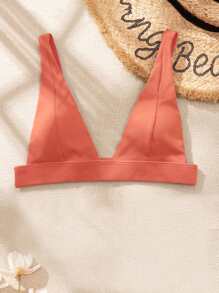 Plain Ribbed V Neck Bikini Top, For Summer Beach Vacation - Orange - View 7
