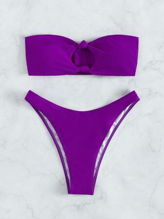Summer Beach Solid Bikini Set Knot Decor Bandeau Top & High Cut Bottom 2 Piece Bathing Suit
