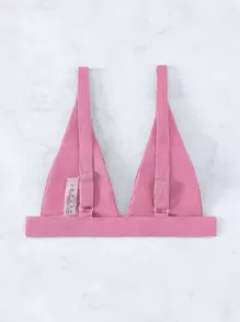 SHEIN Swim Summer Beach Plain Ribbed V Neck Bikini Top - Pink - View 2