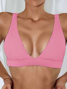 SHEIN Swim Summer Beach Plain Ribbed V Neck Bikini Top - Pink - View 7