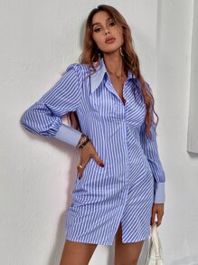 SHEIN Privé Đầm Nút phía trước Sọc Thanh lịch - Xanh và trắng - Xem 5