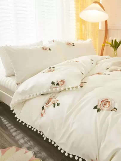 Floral Bedding Pom Pom Duvet Cover Set Boho Farmhouse Bedding Set 3 Pieces Ruffle Decor Flower Branches Comforter Cover Soft Microfiber Duvet Cover For Boys Girls 1 Duvet Cover 2 Pillowcases No Comforter For All Seasons
