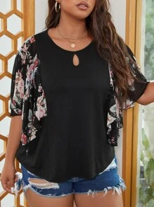 SHEIN LUNE Plus Floral Print Butterfly Sleeve Blouse - Black - View 3