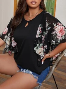 SHEIN LUNE Plus Floral Print Butterfly Sleeve Blouse - Black - View 4