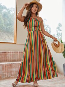 SHEIN Holidaya 大碼塊狀條紋和鋸齒形印花後背繫帶長連衣裙 - 彩色 - 查看 3