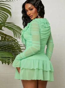 SHEIN Ruffle Trim Layered Hem Dress - Mint Green - View 2