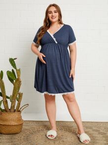SHEIN Maternity Lace Trim Wrap Lounge Dress - Navy Blue - View 1