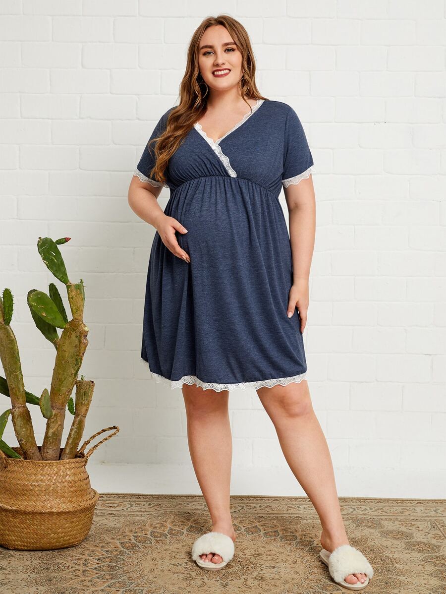 SHEIN Maternity Lace Trim Wrap Lounge Dress - Navy Blue - View 1