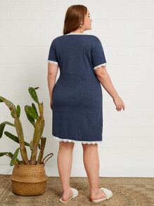 SHEIN Maternity Lace Trim Wrap Lounge Dress - Navy Blue - View 2