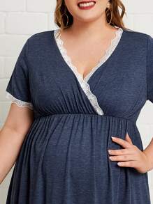 SHEIN Maternity Lace Trim Wrap Lounge Dress - Navy Blue - View 3