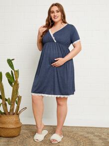 SHEIN Maternity Lace Trim Wrap Lounge Dress - Navy Blue - View 5