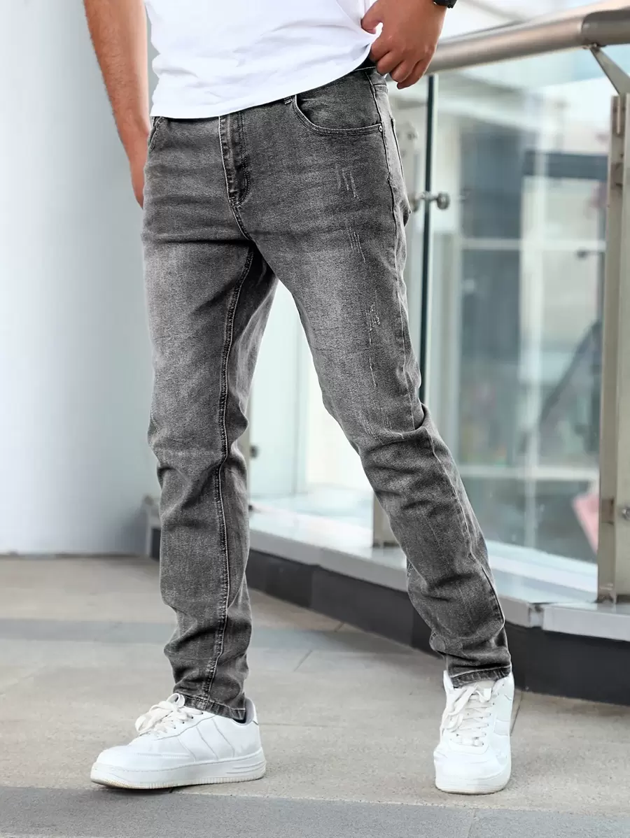 Men Cat Scratch Straight Leg Jeans - Grey - View 1