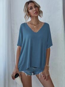 SHEIN LUNE 緞染v領蝙蝠袖t恤 - 藏蓝色 - 查看 3
