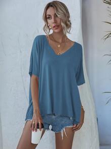 SHEIN LUNE 緞染v領蝙蝠袖t恤 - 藏蓝色 - 查看 6