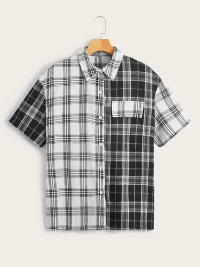 Colorblock Plaid Button Front Shirt