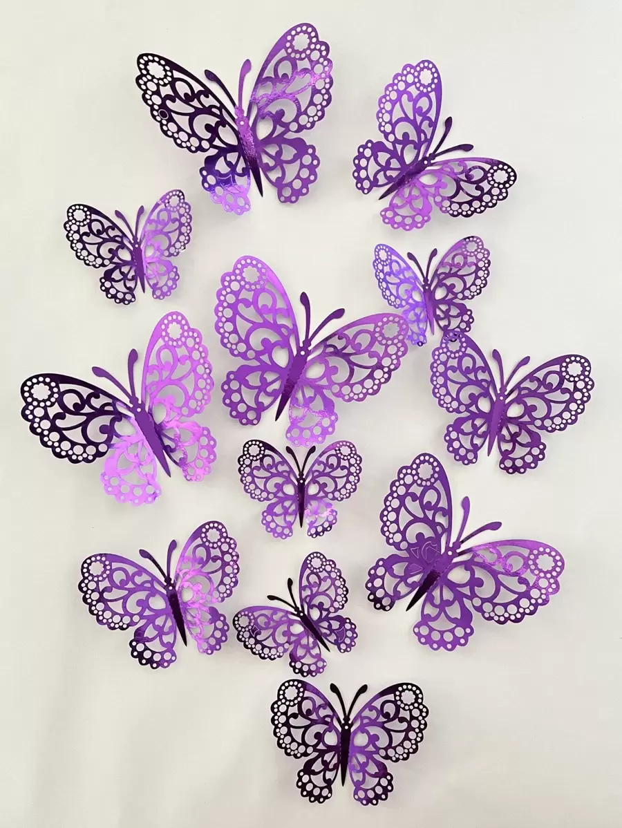12 piezas Pegatinas de mariposa 3D, decoración de pared de mariposas de papel hueco de color púrpura metálico para el hogar, pegatinas, vinilos decorativos para decoraciones del hogar, artículos de decoración de primavera para refrescar tu hogar, pegatinas de decoración de ramas, decoración escolar, sorpresa escolar, decoración de dormitorio, vuelta al cole, decoración de habitación, útiles escolares - Morado - Ver 1