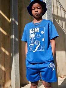 SHEIN Leap Crew Tween Boy Gamepad And Slogan Graphic Top & Shorts Set - Blue - View 5
