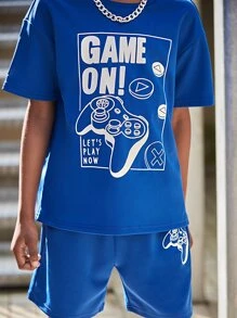 SHEIN Leap Crew Tween Boy Gamepad And Slogan Graphic Top & Shorts Set - Blue - View 6