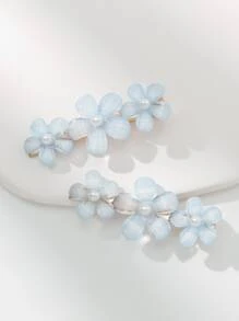 2 piezas Pinza para el cabello con diseño de flor y perla falsa, estilo bohemio - Celeste - Ver 2