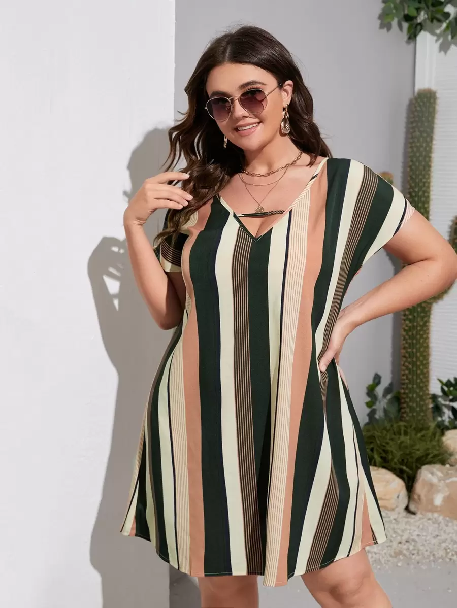SHEIN LUNE Plus Striped Cut Out Tunic Dress - Multicolor - View 1