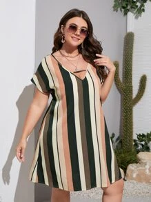 SHEIN LUNE Plus Striped Cut Out Tunic Dress - Multicolor - View 4