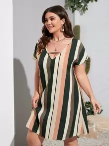 SHEIN LUNE Plus Striped Cut Out Tunic Dress - Multicolor - View 5